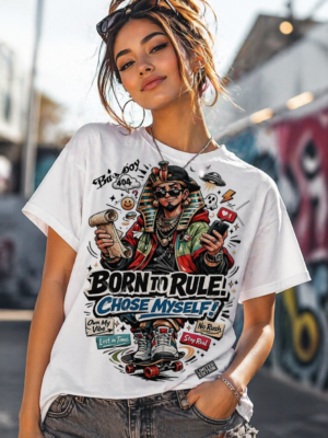 Trendy Graphic White T-Shirt for Women – “Born to Rule, Chose Myself” Streetwear Design
